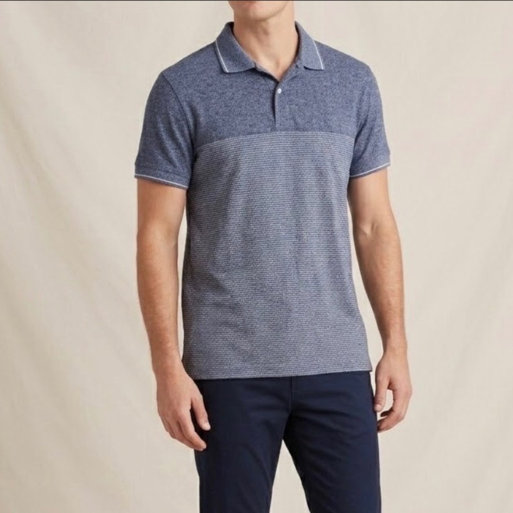 Goodfellow & Co Mens Blue Striped Short‎ Sleeve Polo Shirt Heathered Medium